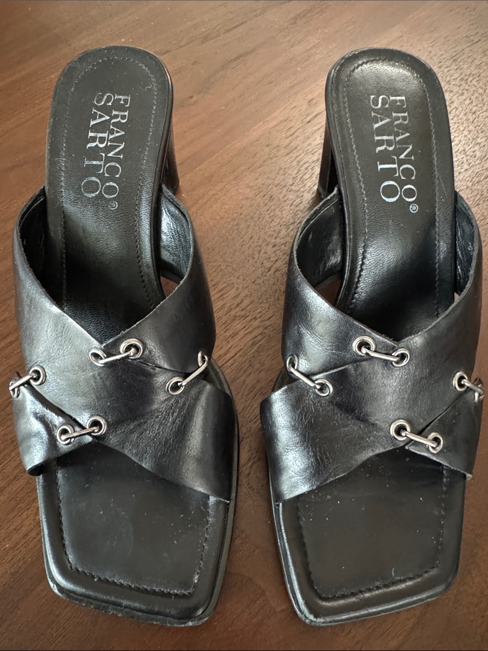 VINTAGE FRANCO SARTO LEATHER SANDAL HEELS SQUARE TOE BRAZIL 6 1/2 M BLACK SILVER